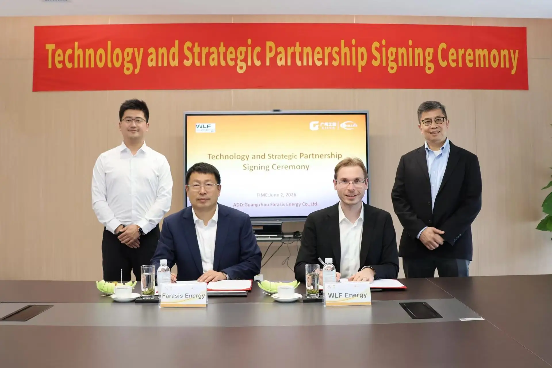 WLF Energy and Farasis Energy executives sign strategic technology partnership agreement at Guangzhou Farasis Energy, June 2026
